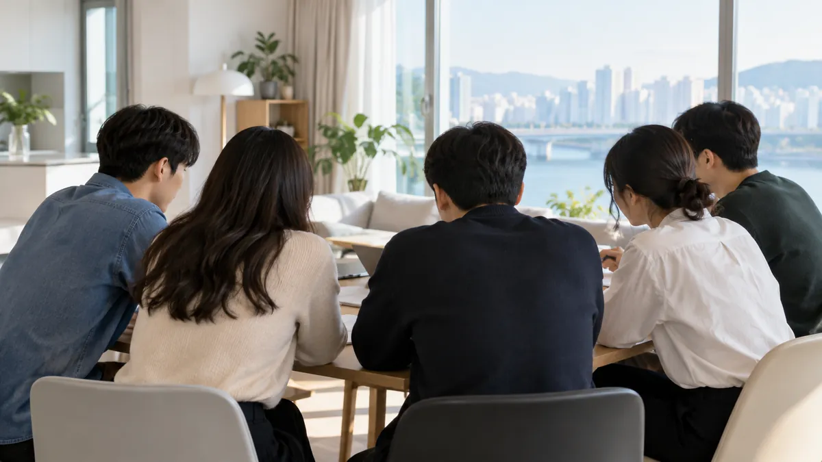 회의실에 둘러앉은 사람들의 뒷모습